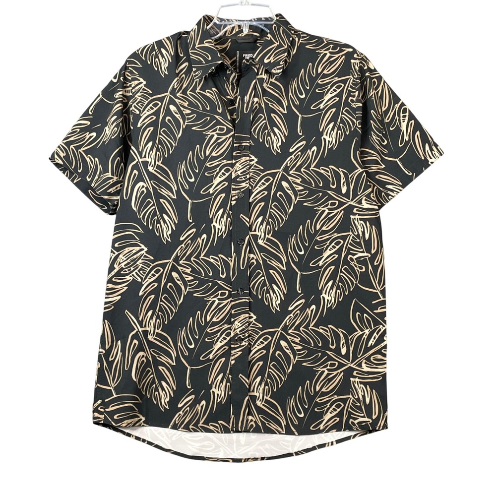 Fried Denim Button Down Shirt Men's Medium Black Tropical Palm Leaf Slim Casual